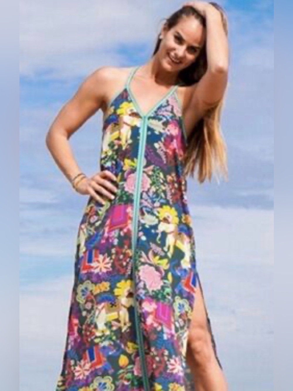 America & Beyond Floral Multi-Color Maxi Dress tropical resort wear Hawaiian SM